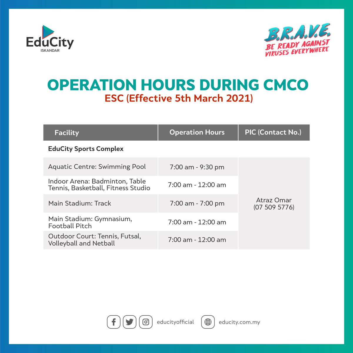 educityofficial's tweet image. Pursuant to Malaysia’s National Security Council (NSC) announcement on 2nd March 2021 that allows Sports Facilities to operate, kindly find the new operation schedule effective 5th March 2021 for #EduCitySportsComplex   #EduCityIskandar #IskandarPuteri #Johor #Sports