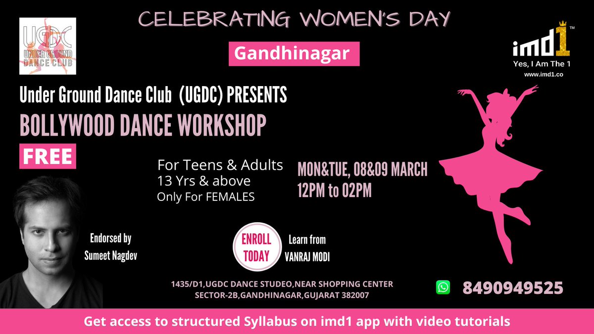 Hello #Gandhinagar, UGDC-UNDER GROUND DANCE CLUB and @imd1official brings a FREE Bollywood Dance workshop for you all. For registration click here: bit.ly/3bjSJa7 #imd1dance #bollywood #danceworkshop #womensday2021 #womensdayspecial #womensdaycelebration #womensdayoffer