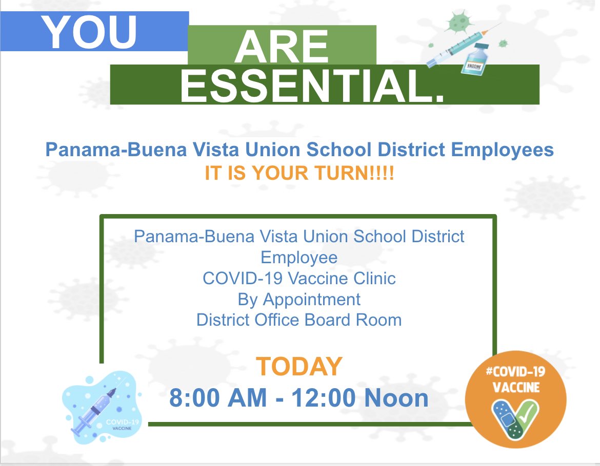 ⁦<a href="/KGETnews/">KGET 17 News</a>⁩ ⁦- TOMORROW (Saturday, March 6th) P-BVUSD is doing our part to vaccinate our Educational Staff. How about a retweet to THANK our District Nurses, Teachers, Staff, and  Inovia Advanced Practice Pharmacy (formally Express Pharmacy) for making it all happen!