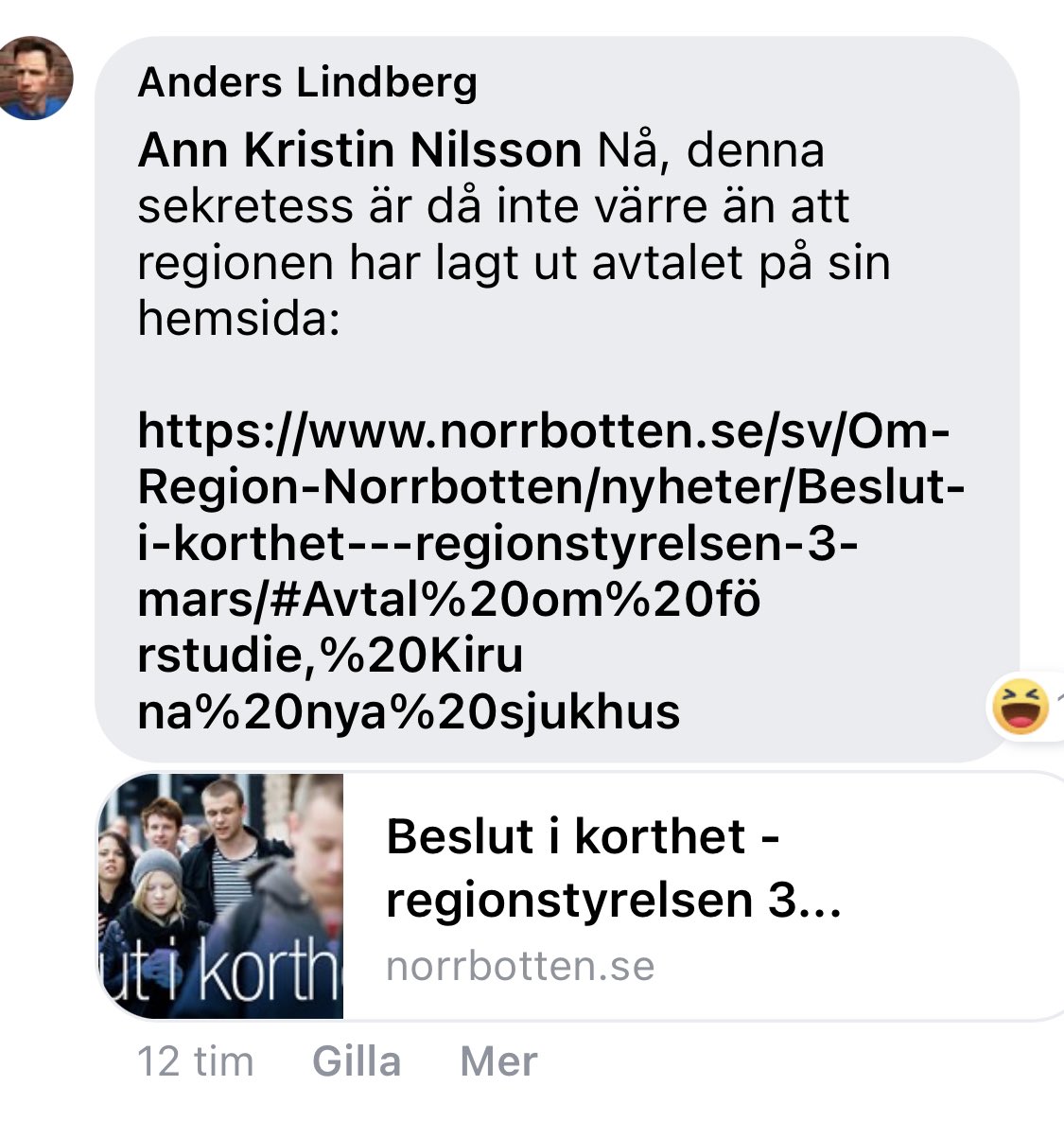 Fick meddelande att Anders Lindberg har skrivit på facebook att  Regionnorrbotten visar avtalet om förstudien om inlösen av kiruna sjukhus. Då kanske LKAB kan släppa sekretessen på avtalet så slipper alla spekulera vad som står i avtalet.