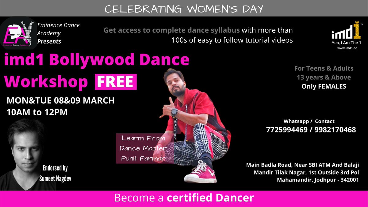Hello Jodhpur, Eminence Dance Academy and @imd1official brings a FREE Bollywood Dance workshop for you all. For registration click here: bit.ly/2Pv4ZMN #imd1dance #EminenceDanceAcademy #danceworkshop #womensday2021 #womensdayspecial #womensdaycelebration #womensdayoffer