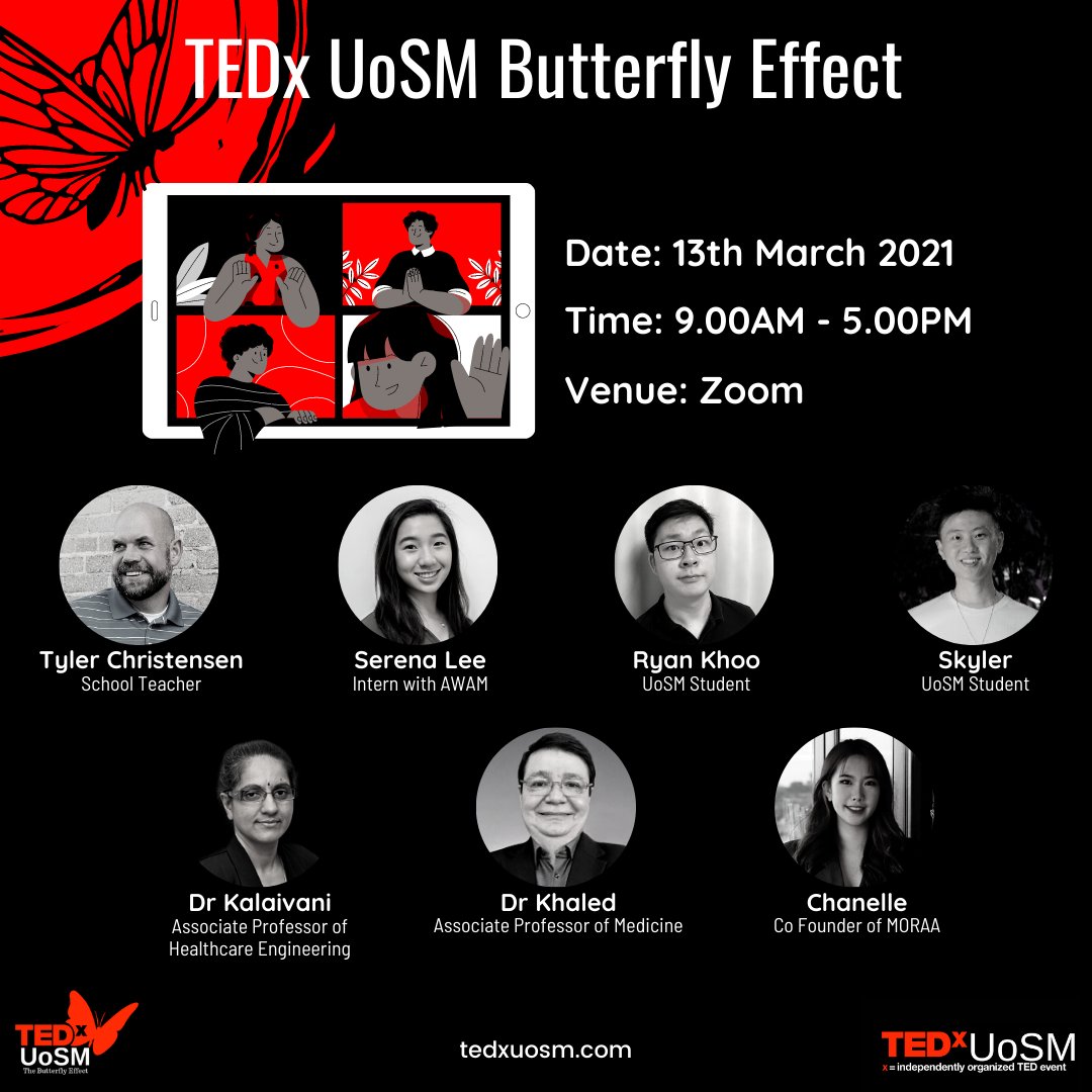 TEDxUoSM's tweet photo. Just 1 week left to TEDxUoSM 2021: The Butterfly Effect! Are you ready? 
Here's the finalised Speakers' List for our upcoming event

⏳ Tickets are gone in 2 days, so what are you waiting for? Head on over to our website to grab one today! 
https://t.co/5q7fc5wUD4 (Link in bio) https://t.co/kt1reNCbqT