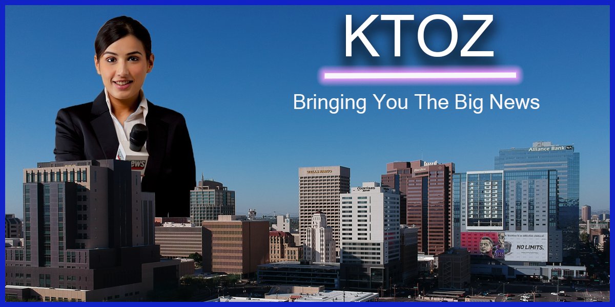 lillybuasi's tweet photo. I made a Web Banner by extracting a reporter onto a banner that has a 10-pixel stroke around a 1200 pixel wide by a 600-pixel tall banner with a skyline background. The text “KTOZ” has a drop shadow and a glowing strike and below that “Bringing You the Big News” text. #bltjmc305 https://t.co/1zFfU0IJ70
