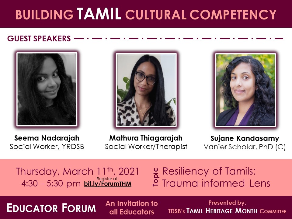 Resiliency. A meaningful word to so many. Join Seema, Mathura and <a href="/NonPlainJane/">Sujane Kandasamy</a> at the #THMEducatorForum as they share about resiliency in the Tamil community through a trauma-informed lens. Register today at: bit.ly/ForumTHM | #edutwitter
