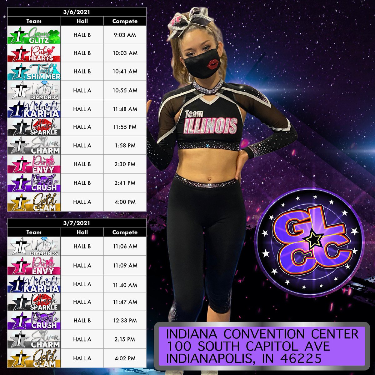 teamilcheer's tweet photo. It’s been 𝟯𝟲𝟯 days since we’ve competed at a 𝘭𝘪𝘷𝘦 event... We are ready to 🅡🅞🅒🅚! 🎸🤘🎤 Check out the GLCC Showdown Grand Nationals schedule for this weekend! ♥️👗🍀✨😈💎💍🧿💋🎀 #ALLIN https://t.co/WxDIxkItCe