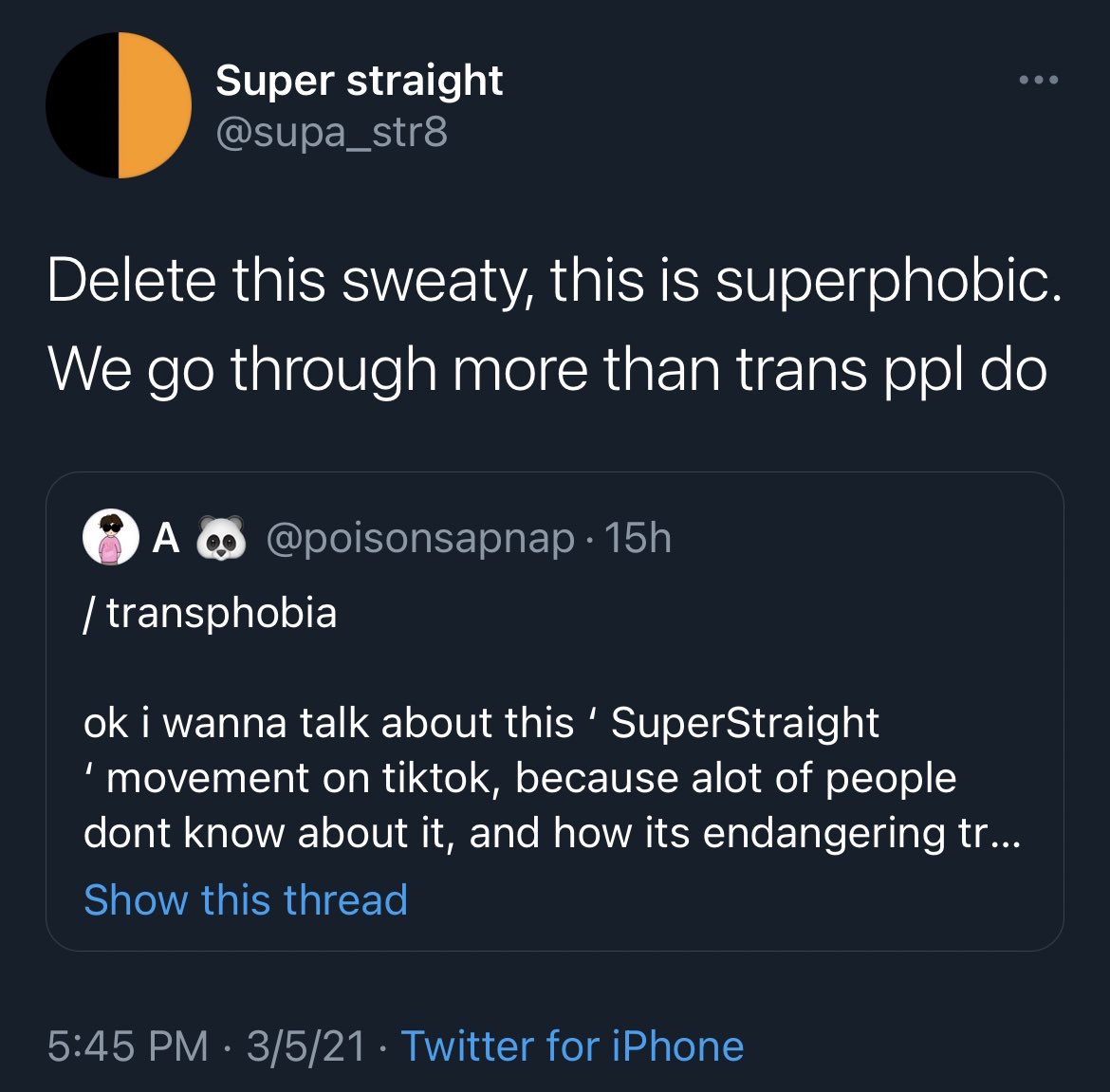 misteevious's tweet photo. Make this make sense??? there is so much wrong with this- just say you’re transphobic and leave...and don’t make up terms like “superphobic” and say you go through more??? 
also- definitely NOT a part of the LGBTQ+ community
#superstraight is absolute bullshit https://t.co/alq7uvTDzp