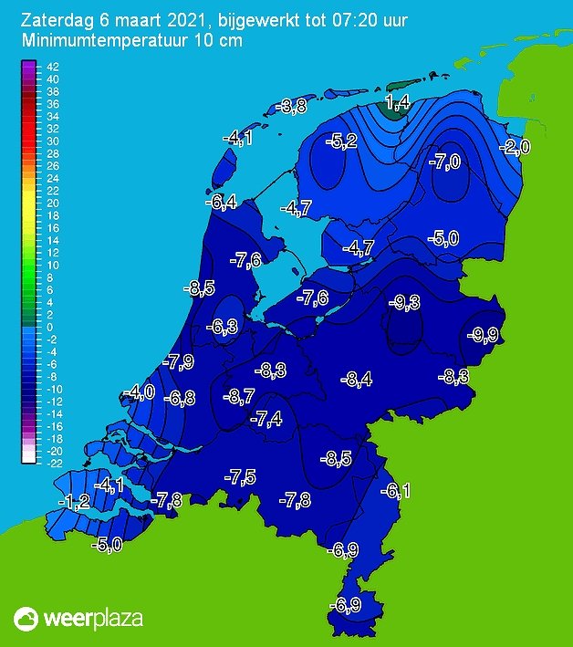 🥶 Nederland kleurt blauw! Regionaal heeft het flink gevroren: Deelen -6,8°, Wijk aan Zee -6,4°, Woensdrecht -6,2°, Hupsel en Enschede -5,5° en De Bilt -5,4°. Vlak aan de grond werd het lokaal zelfs bijna -10 graden.. #vorst