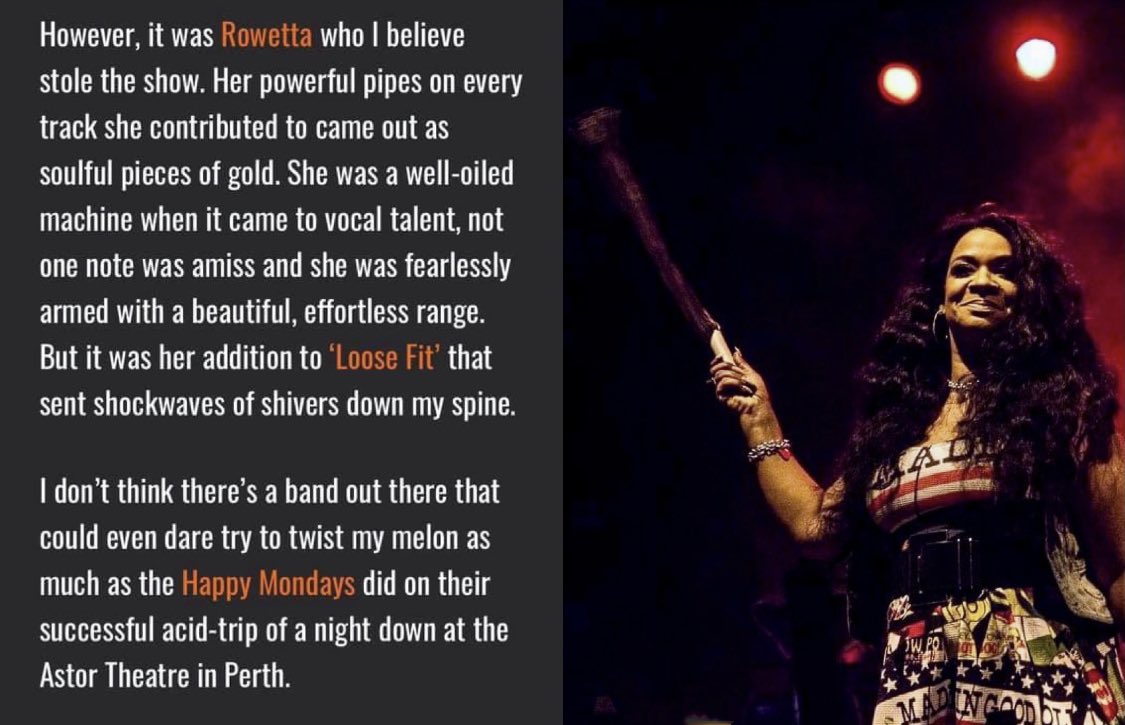 Rowetta's tweet photo. #OTD 🇦🇺 I remember waking up to this stunning review of our gig in Perth as part of the Australia/ New Zealand 2019 tour. 
Reviews don’t get much better than that! 🙌🏽
Thanks to @AMNplify

#HappyMondays #Australia #tour #Perth #Rowetta #astortheatreperth #Amnplify https://t.co/NDQG27YFZo