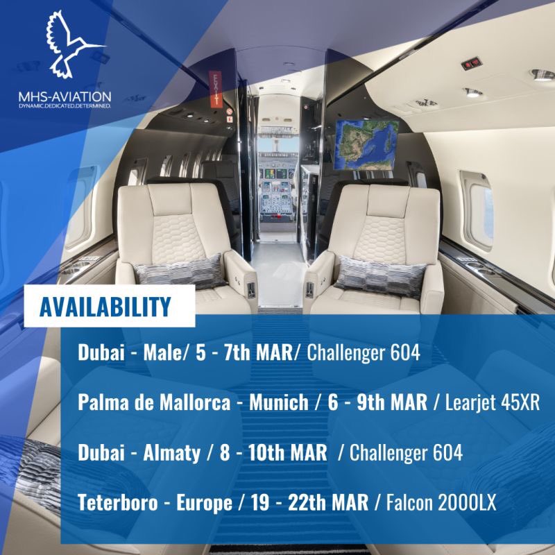 MHS_Aviation's tweet photo. Dear Friends and Business Partners,
Please find below our Availability.

DYNAMIC. DEDICATED. DETERMINED.
sales@mhs-aviation.com | +49 89 97333 33

#bizav #bizjet #PrivateAviation #BusinessJets #CharterFlights #aviationindustry #businessaviation #emptylegs https://t.co/v5jwD7WKa0