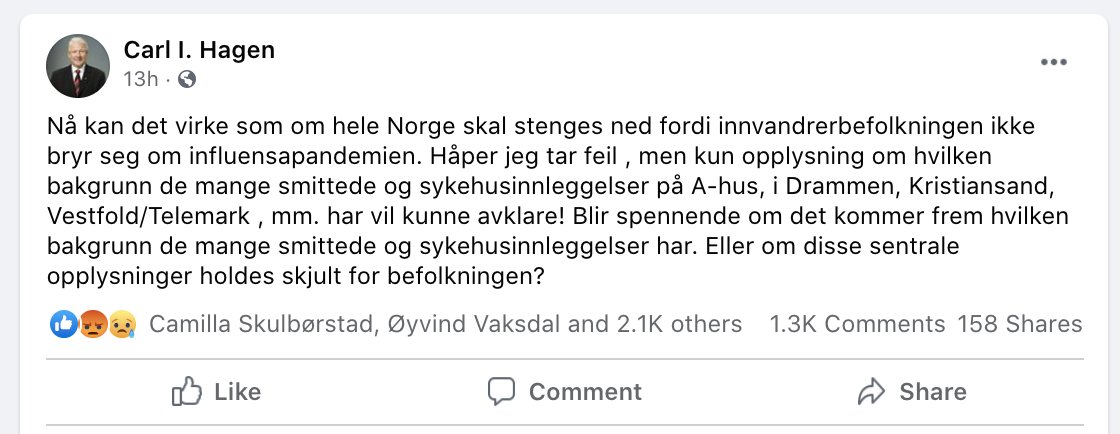 Kaveh Rashidi (@kaveh_rashidi) on Twitter photo Hei <a href="/carlihagen/">Carl Ivar Hagen</a>
Angående innlegget ditt på Facebook i går kveld:
Moren min er en av disse innvandrerne du skriver om. Hun har nesten ikke lekt med barnebarnet sitt som ble født midt i pandemien. Men det er som du sier, hun bryr seg nok ikke om «influensapandemien».
(1/6) Hei <a href="/carlihagen/">Carl Ivar Hagen</a>
Angående innlegget ditt på Facebook i går kveld:
Moren min er en av disse innvandrerne du skriver om. Hun har nesten ikke lekt med barnebarnet sitt som ble født midt i pandemien. Men det er som du sier, hun bryr seg nok ikke om «influensapandemien».
(1/6)