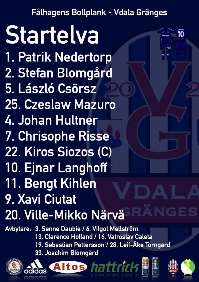 VdalaGranges's tweet photo. Startelvan till dagens match mot Fålhagens Bollplank #V386 https://t.co/bLTIbyzyEV