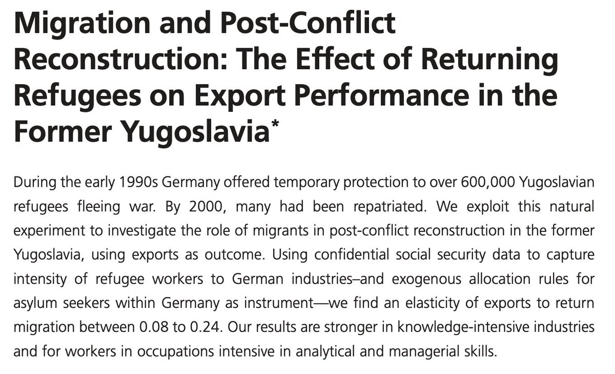 100s of thousands of refugees fled former Yugoslavia to Germany in the 1990s, then returned home.Production+exports took off there—in the industries where they'd worked abroad. Ideas came home with them.By  @dany_bahar  @CemOzguzel Hauptmann & Rapoport—>  https://www.iza.org/en/publications/dp/12412