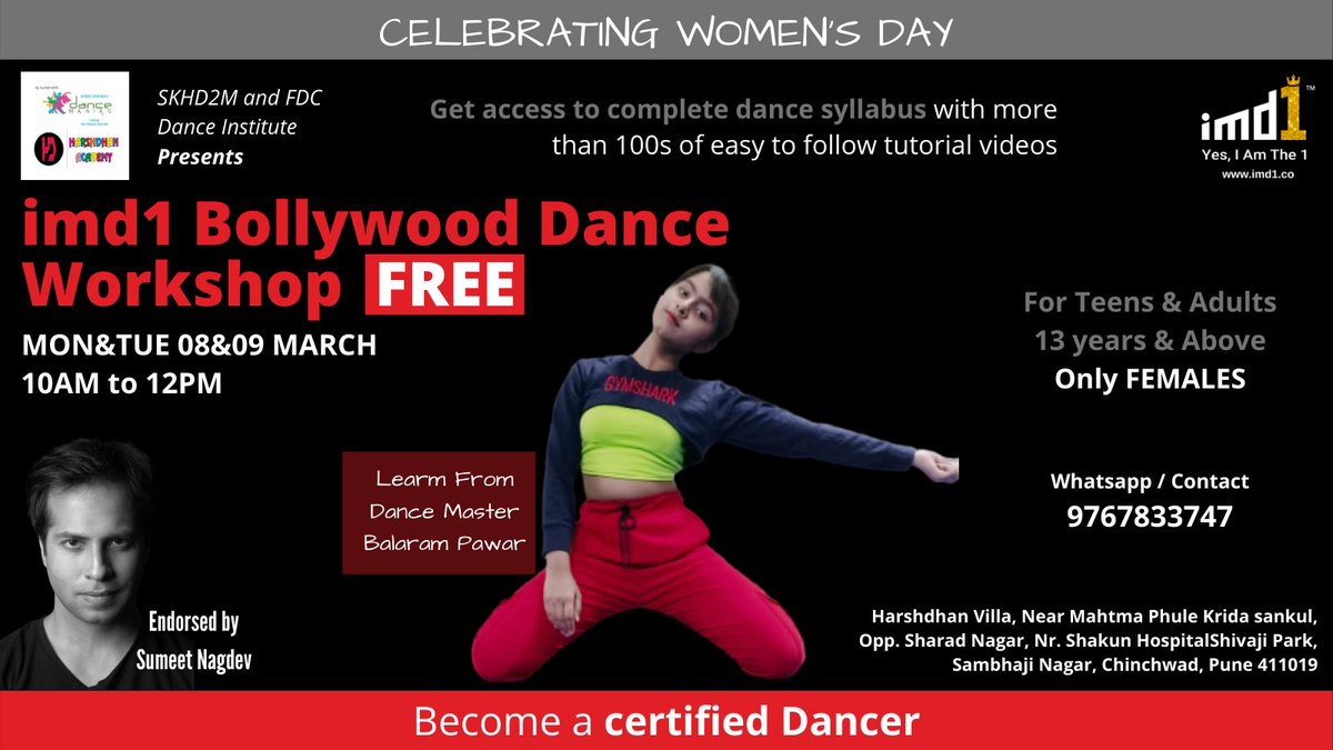 Hello Pune, SKHD2M and FDC Dance Institute & @imd1official brings a FREE Dance workshop for you all. For registration, click here: bit.ly/3uKgWOL #imd1dance #womensday2021 #womensdayspecial #womensdaycelebration #womensdayoffer #SKHD2MDanceInstiute