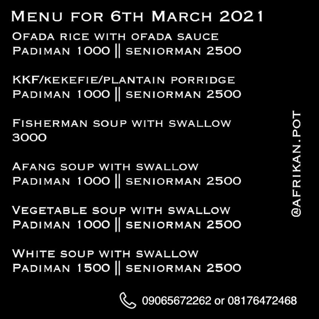 afrikan_pot's tweet photo. Available for delivery and sit in orders in Odili Road, Port Harcourt. 
P.S. Delivery price I not included in below price list. https://t.co/Qu94cgtMdu