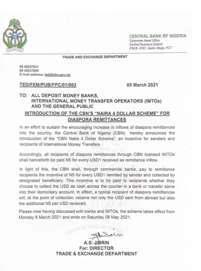 Ighodaro1's tweet image. Earn ₦5 for every US$1 remittance inflow. — CBN