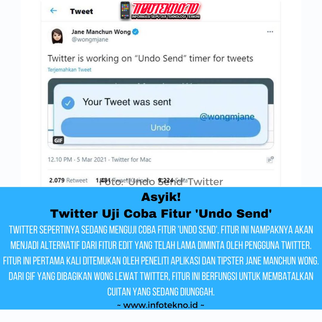 IdInfotekno's tweet photo. Antarmuka fitur ini menampilkan dialog 'Your Tweet was sent' yang biasanya muncul setiap cuitan berhasil diunggah, tapi di bawahnya terdapat tombol 'Undo' berwarna biru.

Pengguna hanya memiliki waktu sekitar 5-6 detik untuk meng-undo cuitan sebelum dikirim.

#Twitter #UndoSend https://t.co/BNb3K1I5FQ