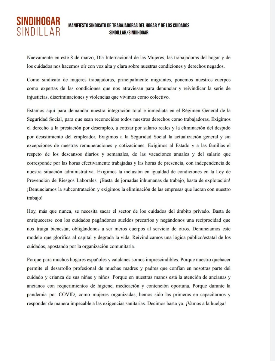 SINDILLAR's tweet photo. 🔴COMPARTIMOS NUESTRO MANIFIESTO SOBRE LA HUELGA DEL 8M 
✔️Como sindicato de mujeres trabajadoras principalmente migrantes ponemos nuestros cuerposcomo expertas d las condiciones q nos atraviesan para denunciar y reivindicar injusticias discriminaciones y violencias q vivimos ⬇️ https://t.co/rDSrO0kfcf