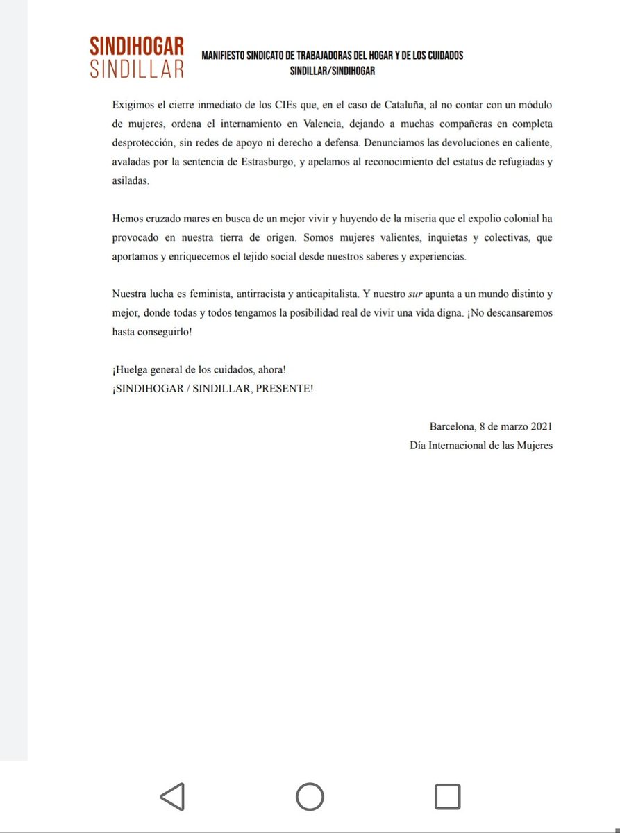 SINDILLAR's tweet photo. 🔴COMPARTIMOS NUESTRO MANIFIESTO SOBRE LA HUELGA DEL 8M 
✔️Como sindicato de mujeres trabajadoras principalmente migrantes ponemos nuestros cuerposcomo expertas d las condiciones q nos atraviesan para denunciar y reivindicar injusticias discriminaciones y violencias q vivimos ⬇️ https://t.co/rDSrO0kfcf