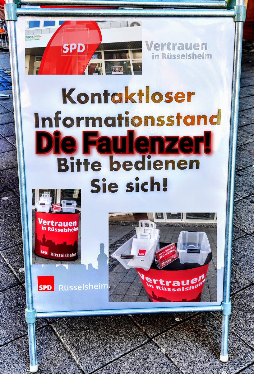 Pressecop24com's tweet photo. #Kontaktloser #Informationsstand! Altpartei #SPD mutiert zu neuen #Faulenzer-Partei in #Ruesselsheim! Corona macht's möglich! Achtung Satire! #Corona #COVID19 #SPDversager #Hessen #Politik #Presse #kommunalwahl2021 #lächerlich #Satire https://t.co/W76H95Chtf