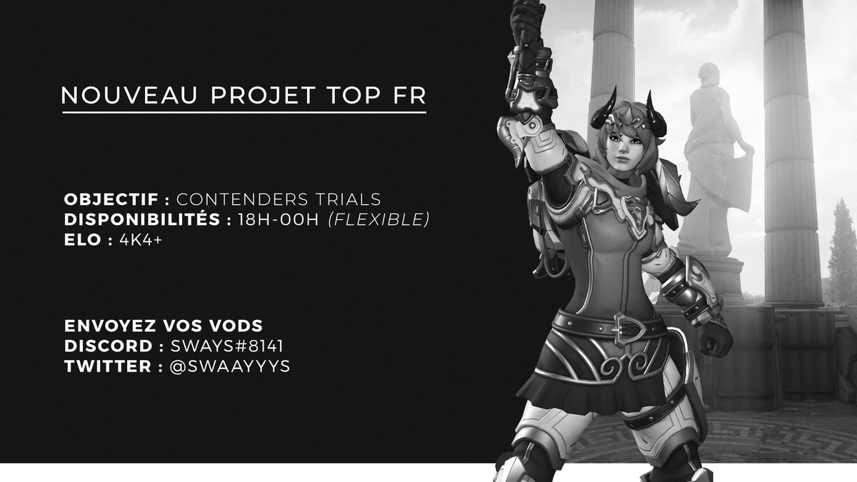🚨 Lancement d'un nouveau projet sérieux TOP FR ! 
On a déjà des joueurs avec grosse exp dans les trials et on cherche à remplir les dernières places.
Si vous êtes un joueur 4k4+ intéressé, n'hésitez pas à m'envoyer une vod de vous en scrim ! 
RT &amp; Likes appréciés ❤️