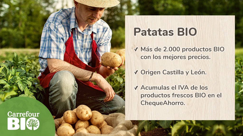 En Carrefour apostamos siempre por productos nacionales, por eso nuestras patatas #CarrefourBIO provienen de Castilla y León.

Todas nuestras verduras, hortalizas y frutas #CarrefourBIO son 100% de origen España y siempre al mejor precio.

#JuntosPorLoNuestro