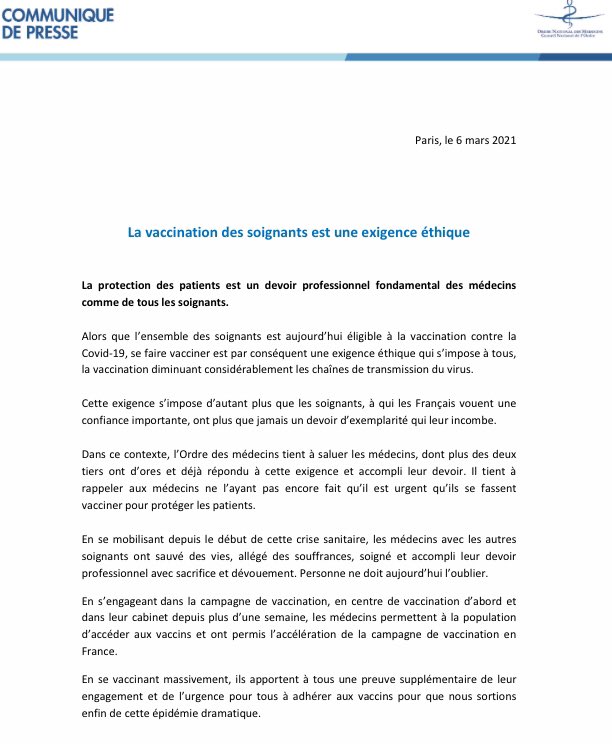 [Communiqué] 

🔴 #COVID19 La vaccination des soignants est une exigence éthique conseil-national.medecin.fr/publications/c… #Vaccins