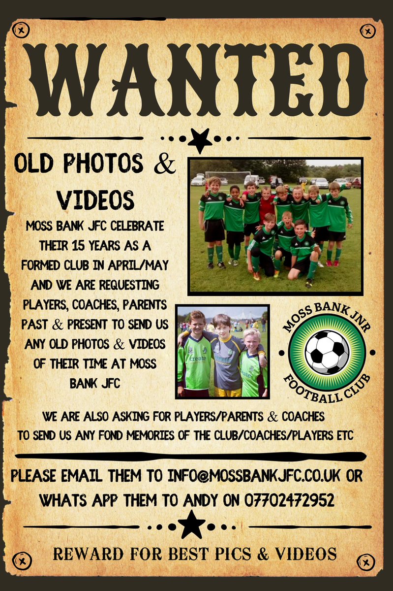 #MossBankJFC we are looking for old pics, videos &amp; fond memories text from players, parents, volunteers, coaches, opponents for our 15 years formed as a club celebration ⚽️ details at mossbankjfc.co.uk/wanted/
<a href="/OfficialBBDFL/">Bolton, Bury & District Football League</a> <a href="/CPLGrassrootsUK/">Community Partnership League</a> #GSR #upthebank <a href="/BOLTONFMSPORT/">Bolton FM Sport</a> thank you