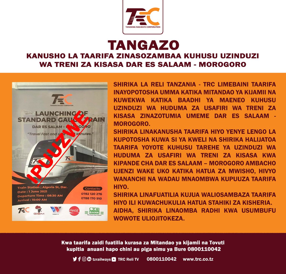 KANUSHO LA TAARIFA YA KUANZA KWA HUDUMA ZA SAFARI ZA TRENI ZA KISASA DAR ES SALAAM - MOROGORO