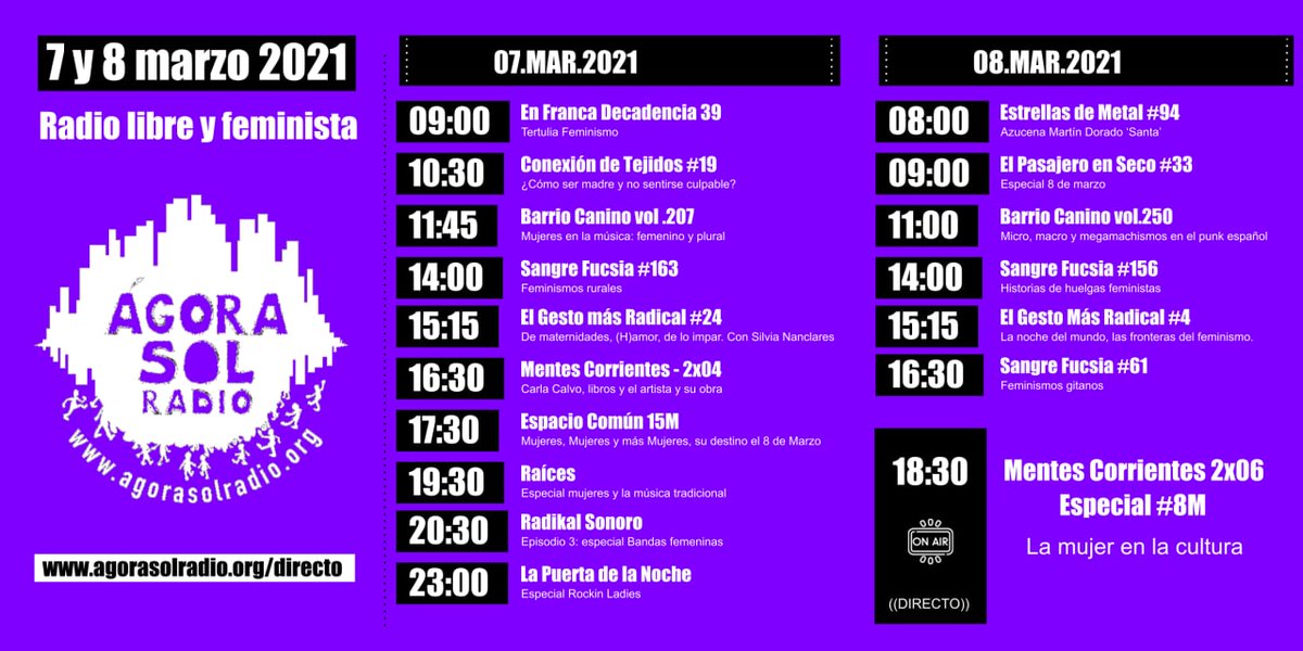 Los días #7M y #8M hemos preparado una emisión especial con motivo del #8M2021.

Serán 26 horas de emisión con 17 programas con temática feminista y protagonizados por mujeres.

Aquí os dejamos los horarios de emisión:

agorasolradio.org/2021/03/05/rad…

#RadioLibreYFeminista