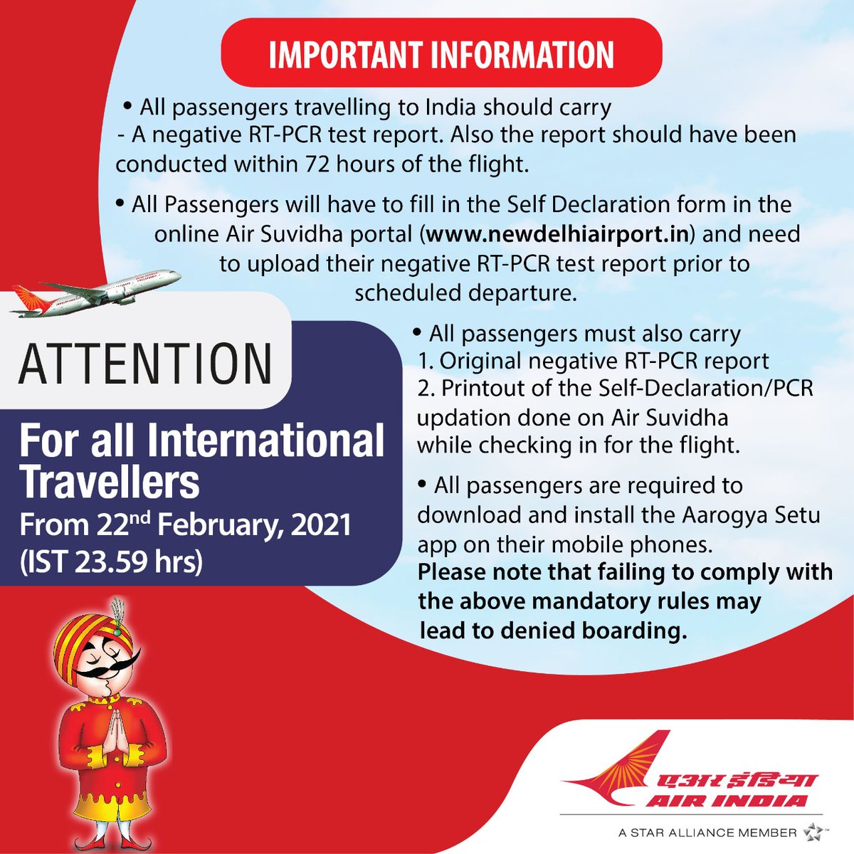 airindia's tweet photo. #FlyAI : All International Travellers arriving to India from foreign destinations are requested to read the guidelines carefully.

For detailed guidelines please click on https://t.co/X22jsXxPc7 https://t.co/FUu91XFKOz