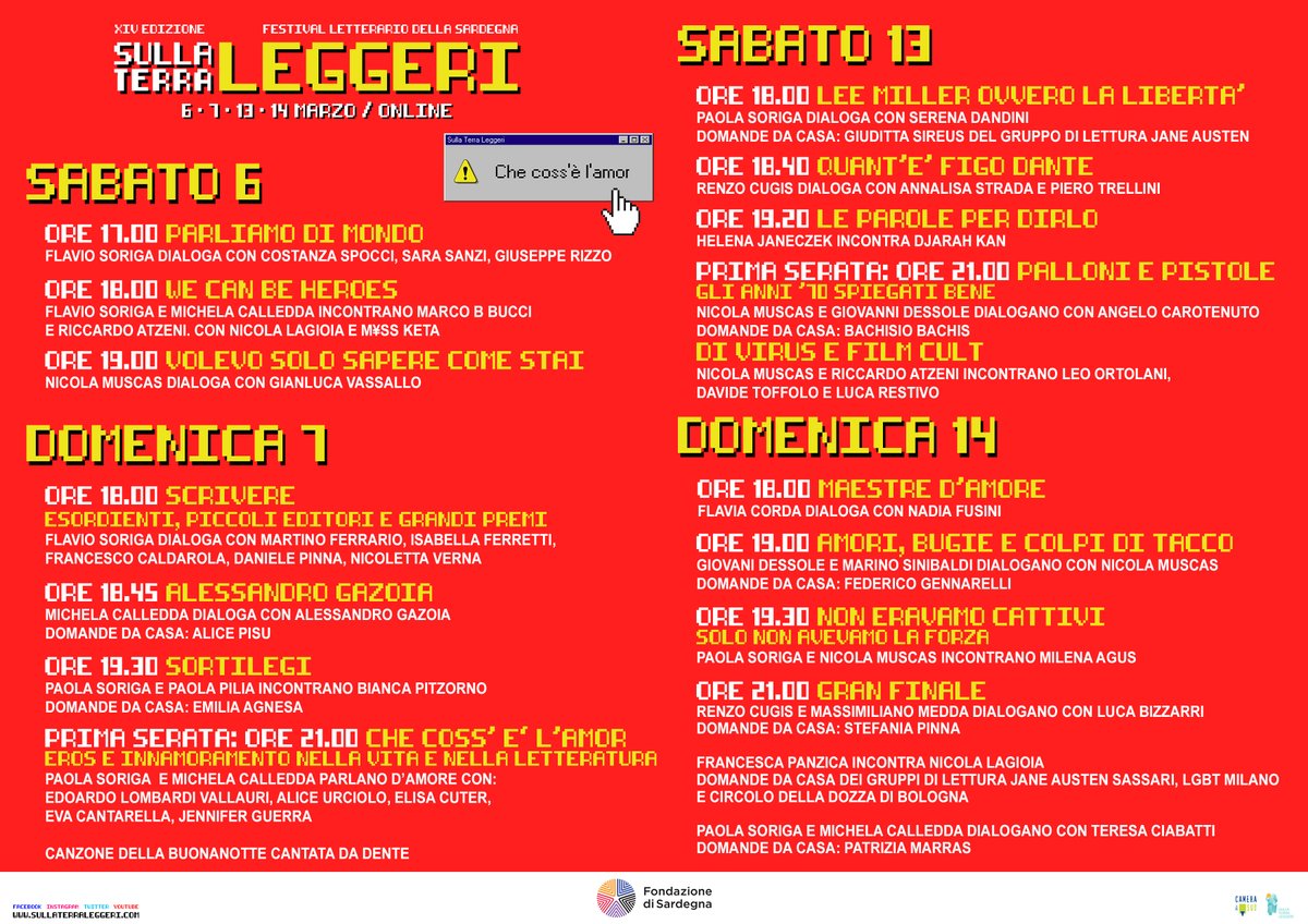 CHE COSS'È L'AMOR? 
Inizia oggi la quattordicesima edizione del festival letterario #Sullaterraleggeri, realizzata grazie alla Fondazione di Sardegna.
Vi aspettiamo a partire dalle 17:00 sulla nostra pagina facebook e sul nostro canale youtube. 
#Stl2021