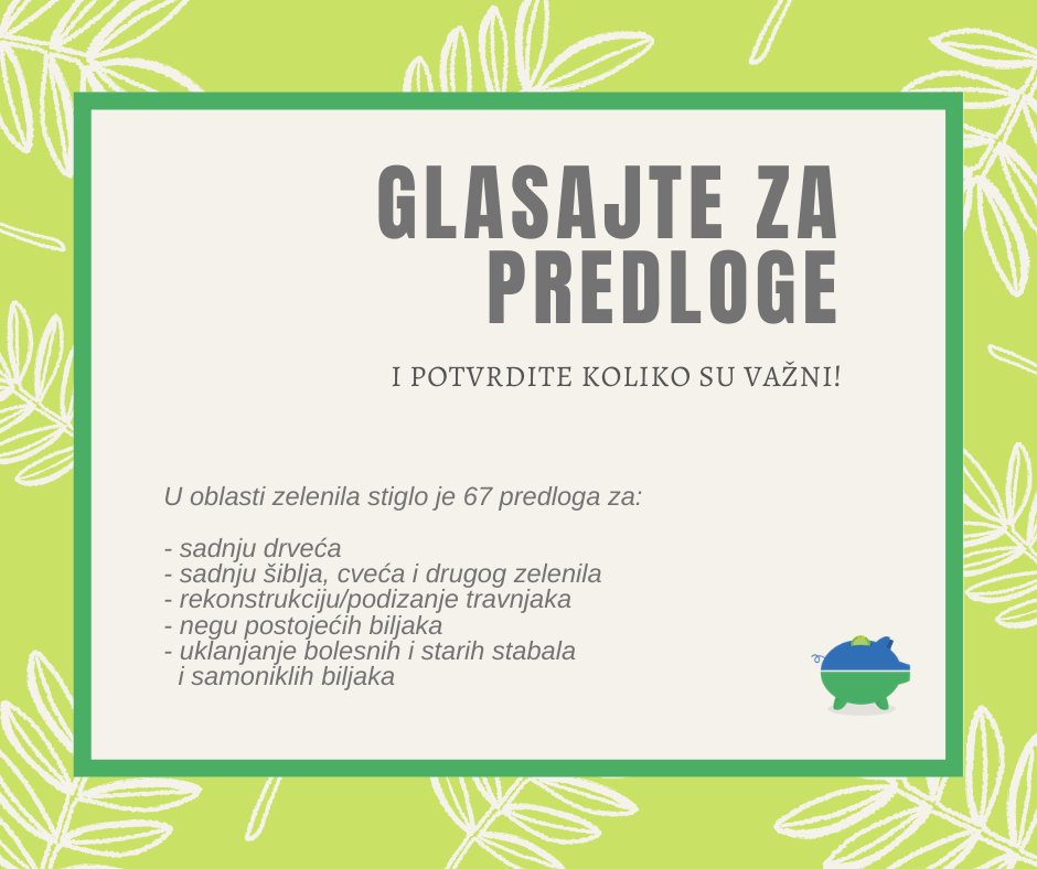 U okviru kampanje "NS eko-dinar u službi građana" prikupljeno je 67 predloga u oblasti zelenila.
Pozivamo vas da glasate za neke od njih:
forms.gle/5DpzEQ11fnqhJ3…
forms.gle/8dyWiwu8EqQyGa…
forms.gle/fiPbtrEtXrgHyh…
forms.gle/FH2ctYaFn6rXxk…

#građaniimajumoć #ekodinar #novisad