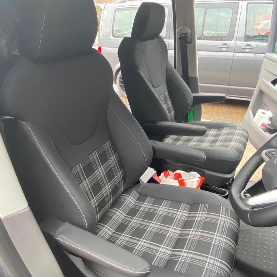 VisionLeisure's tweet photo. Yesterday we had a T6.1 kombi in for the morning for Recaro upgrade to captain seats and full retrim in black leatherette and oem VW tartan. #vwupholstery #vwcampervanupholstery #vwupholsterers #autotrim #autotrimmer #recaroseats #recaro #vwt6 #vwt6campervan #vwt6club https://t.co/yUPgoHCSiz