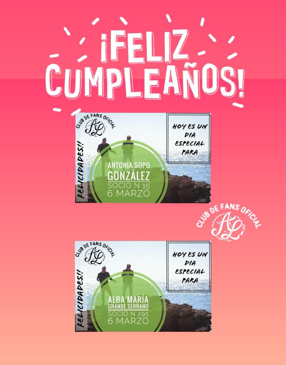 CfoficialAyL's tweet photo. 🎉🎉 ¡Buenos días!
Desde el Club Oficial de @_AndyyLucas_
queremos desear un FELIZ CUMPLEAÑOS a:
🎁 Socio n° 15
  ANTONIA SOPO GONZÁLEZ
🎁 Socio n° 295
  ALBA MARÍA GRANDE SERRANO
¡Os deseamos que paséis un feliz día! https://t.co/G4TQHo0Ea5
