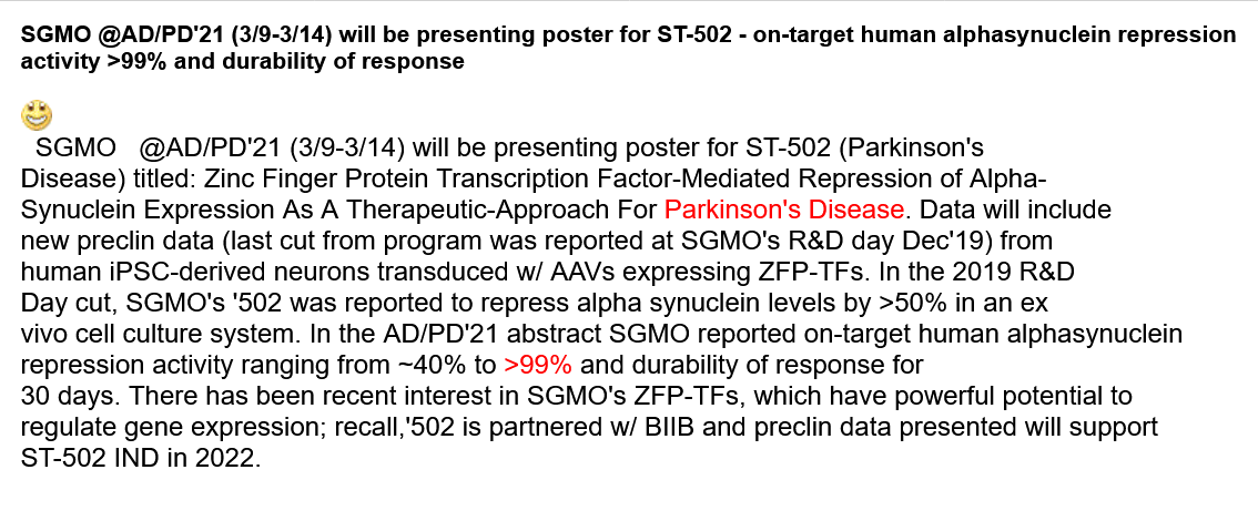 _B_I_O_T_E_C_H_'s tweet photo. $SGMO @ #ADPD21 (3/9-3/14) will be presenting poster for ST-502 #Parkinson's Disease
reporting on-target human alphasynuclein
#repression activity >99% !
$BIIB https://t.co/lPhSfTZDjL