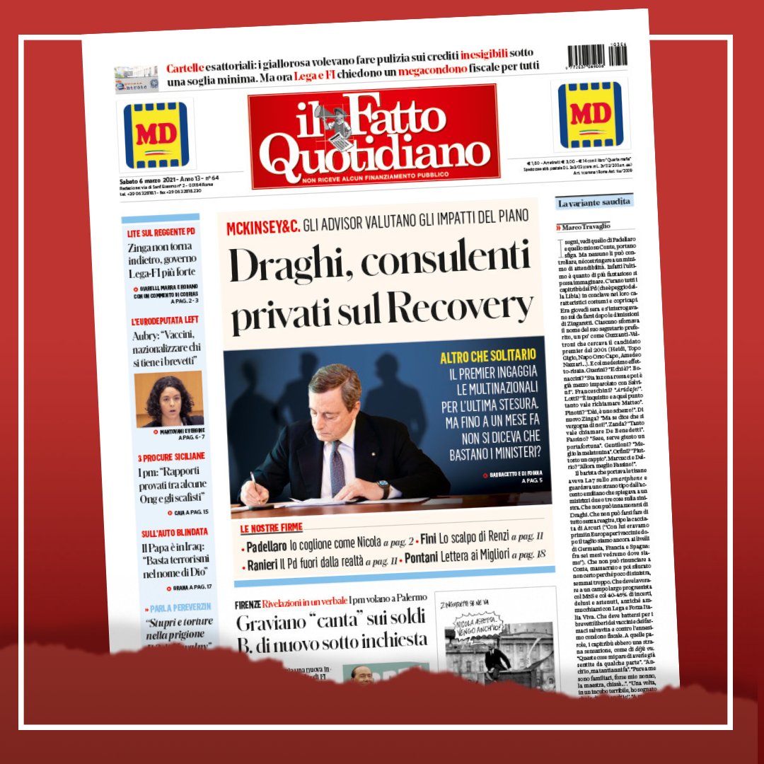 fattoquotidiano's tweet photo. Draghi, consulenti privati sul Recovery
Leggi: https://t.co/y0Xs11gTb8 #6marzo #edicola https://t.co/iDT4KdMOpH