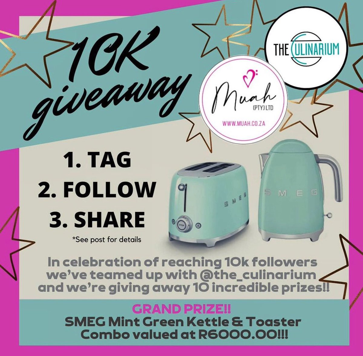 💫Stand a chance to win a SMEG MINT GREEN KETTLE &amp; TOASTER valued at OVER R6000!
All you have to do is
⭐️ Follow <a href="/the_culinarium/">The culinarium</a> On Twitter
⭐️ Follow <a href="/muah/">Muah</a>.co.za <a href="/the_culinarium/">The culinarium</a> on Instagram 
⭐️ Retweet this post &amp; tag a friend
⭐️ Comment “💜” below