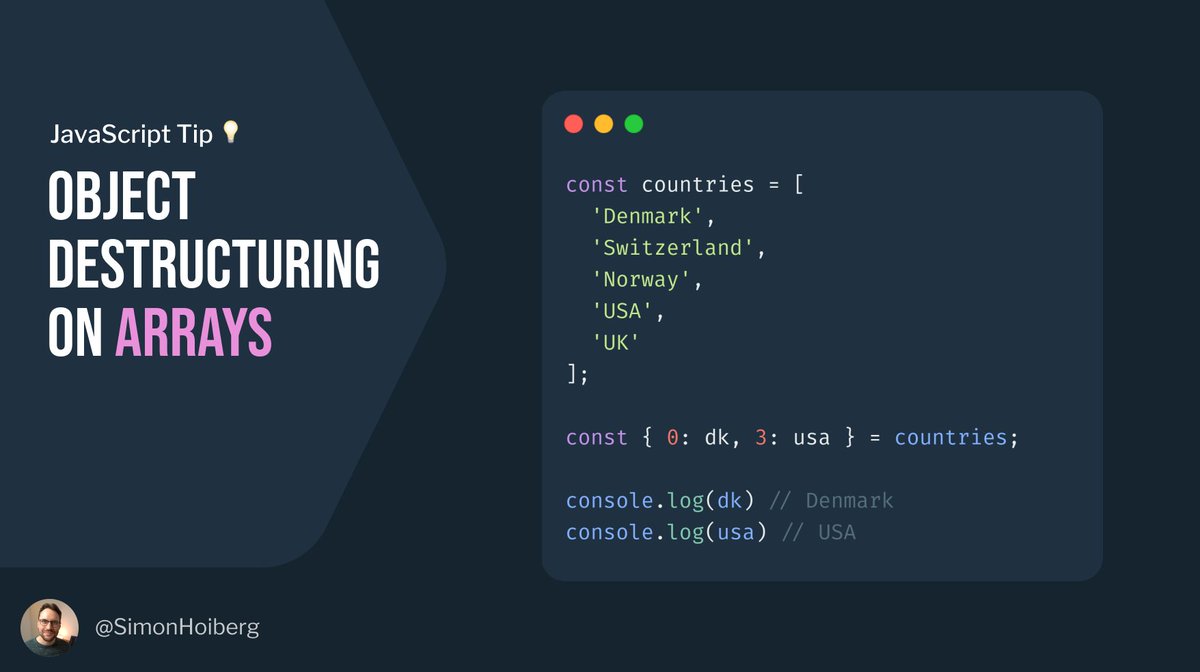 JavaScript Tip 💡

Did you know that you can use object destructuring on arrays?

This is very convenient when we need a group of values from specific indexes.