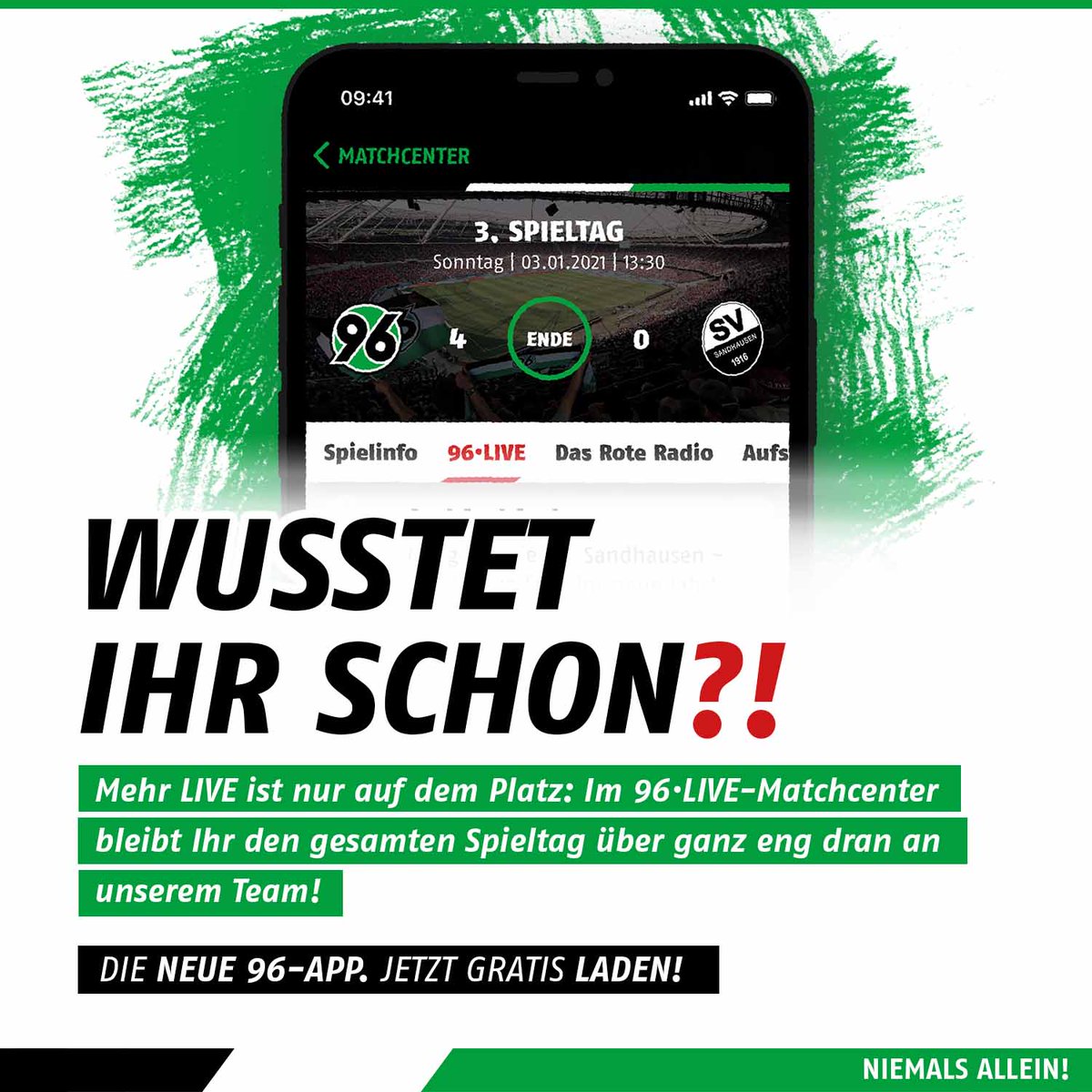 Hannover96's tweet photo. Verfolgt auch heute alles zu #AUEH96 im #96LIVE-Bereich unserer neuen #App - wir wünschen viel Vergnügen! 📱🤗 

Zur iOS-Version: 👉 https://t.co/T2nYngEHWy  
Zur Android-Version: 👉 https://t.co/CqvyMaBbb0

#H96 #NiemalsAllein ⚫️⚪️💚 https://t.co/usZVAADLHU