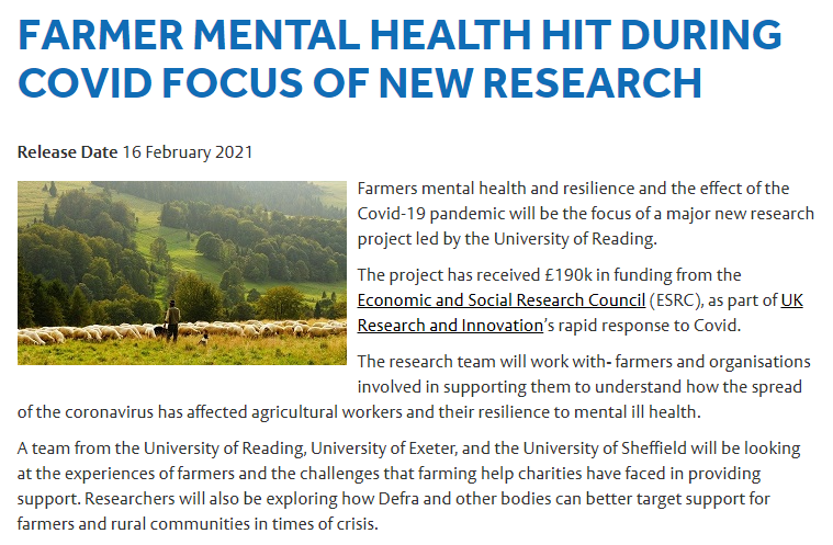 👀👉Farmers' #mentalhealth, #resilience & the effect of the #Covid19 pandemic will be focus of a major new research project led by @d_christianrose at @UniOfReading -> highlighting the role of research & innovation as key element of covid response #AKIS reading.ac.uk/news-and-event…
