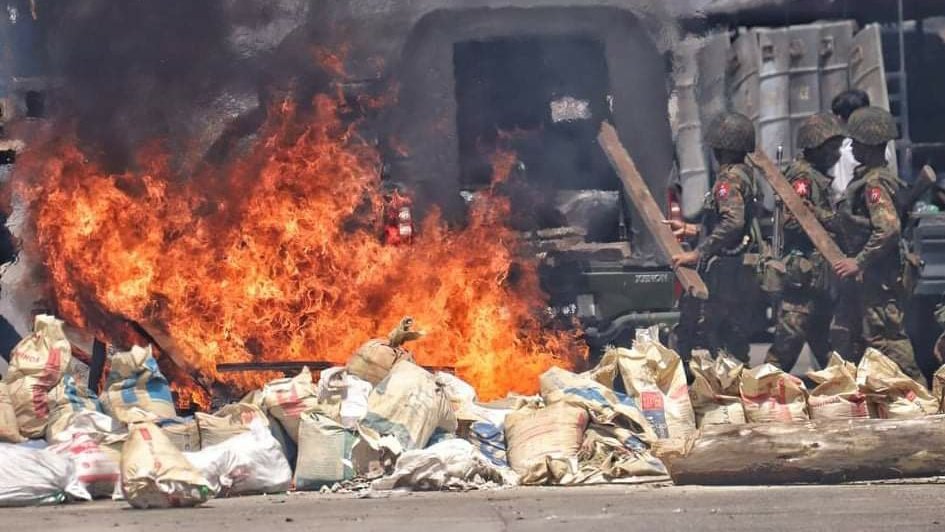 Yangon, Myanmar
Photo shows how military is doing terrorist actions on the road. 
#CrimesAgainstHumanity 
#AgainstMyanmarMilitaryCoup 
#WhatsHappeningInMyanmar