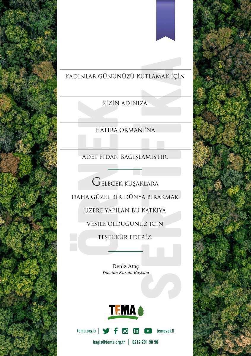 8 Mart Dünya Kadınlar Gününe Özel Etkinlik

15 Kadın Takipçimiz Adına Sertifikalı 15 Fidan Diktireceğiz. (TEMA )

Çekilişe Katılmak İçin RT yapmanız yeterli. 

Çekiliş Tarihi : 8 Mart