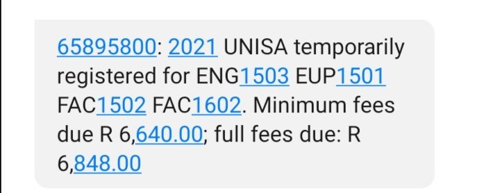 OnikaSeoka's tweet photo. @MasekoValencia Currently temporarily registered at Unisa and fees are due on 12 March. Any help will be greatly appreciated. 
Bank name : FNB
Acc name : Unisa student fees 
Ref : 65895800 5400374721 https://t.co/8rxmg1gEYY