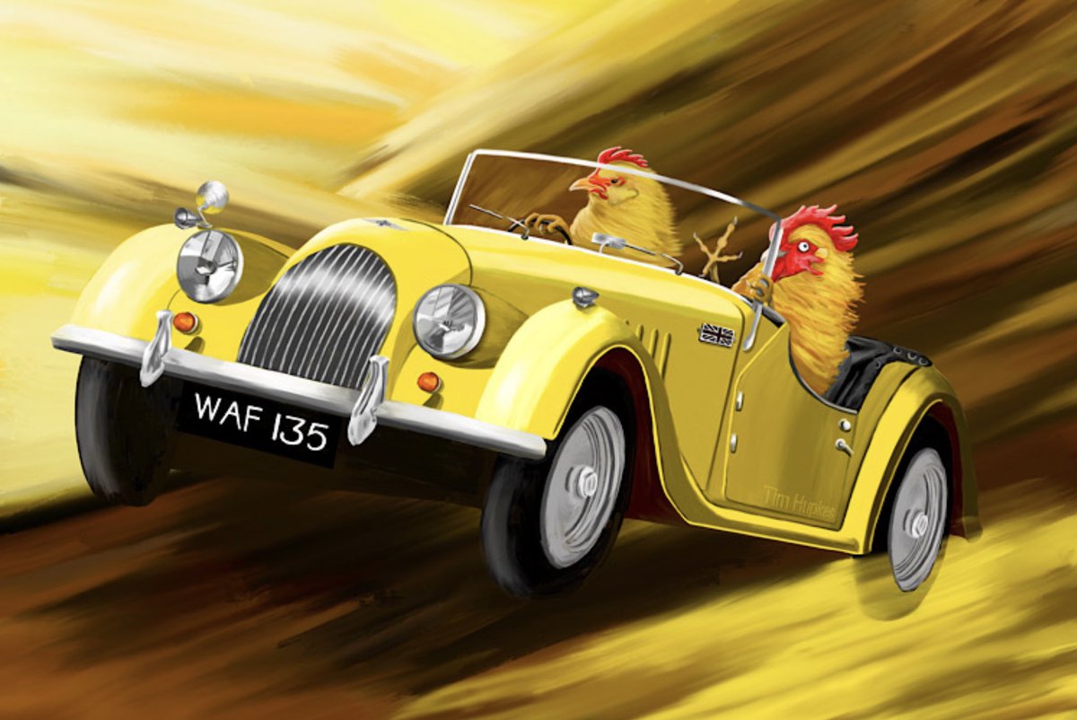 Yellow Morgans. What’s not to love! #MorganPlus #Chick #Rooster #classic #classiccars #digitalart #animalart #artistsontwitter #yellow