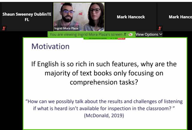 dublintefl's tweet photo. Yes! Why do the majority of coursebooks neglect focus on #ConnectedSpeech features in #listening activities?  #TESOLSPAINonline2021 Ingrid Mora-Plaza and Ross Nicholas show alternatives and why its important https://t.co/zFUpn2ZaRk