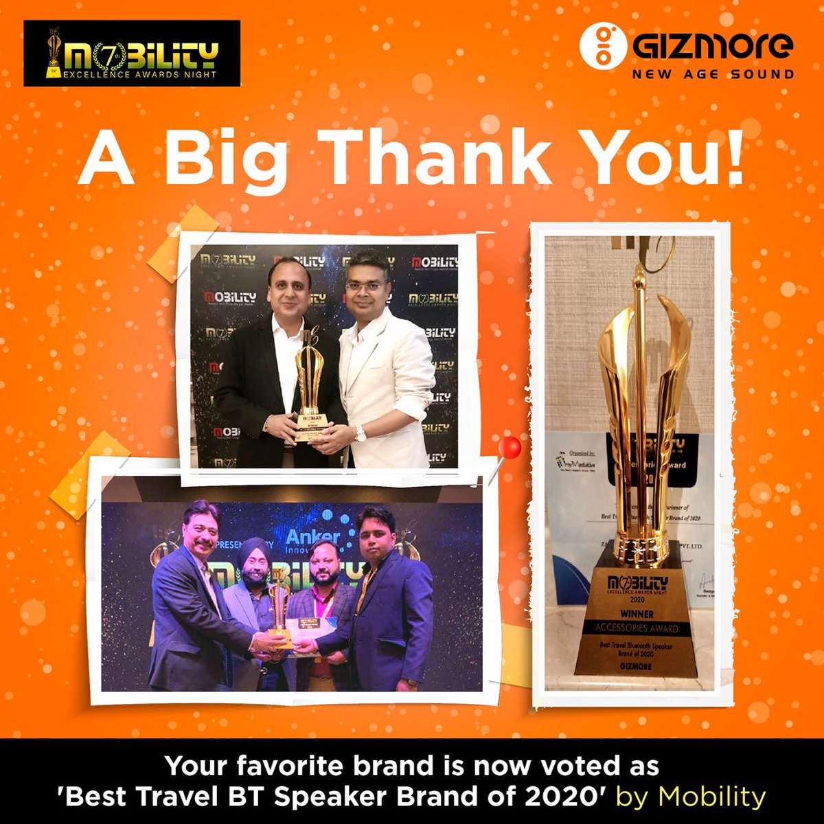 gizmoreindia's tweet photo. Can we thank you enough, not really. A big thank you to everyone who voted for us. #NewAgeSound #BTSpeaker #Travel #SoundMusic #mobilityaward @mobilitymag @sanjay_kalirona @Nishantg58 @Manish_G12 @VivekKumar_09 https://t.co/A2O8Szd9U9