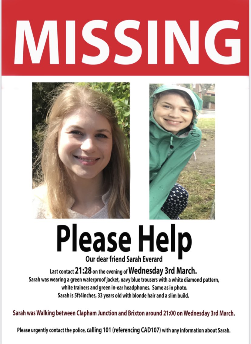 Please share/RT. Our dear friend Sarah has been missing since Wednesday. Last known whereabouts: walking beside Clapham Common near Clapham South station. Green jacket. Blue trousers. The more eyes on this the more chance we have of finding her #MISSINGPERSON