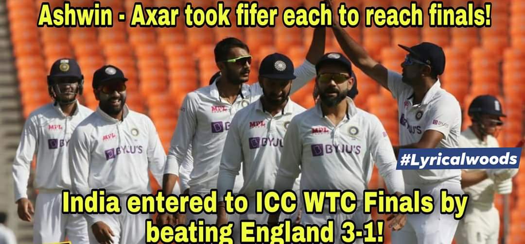 lyricalwoods's tweet photo. Amazing victory for India!#TeamIndia beat England 3-1 and qualify for the final of the #ICCWorldTestChampionship!

#INDvENG  #WTC21 #FourthTest #AhmedabadTest #Axar #Ashwin #cricket #Lyricalwoods @BCCI https://t.co/sJRXuVQysh