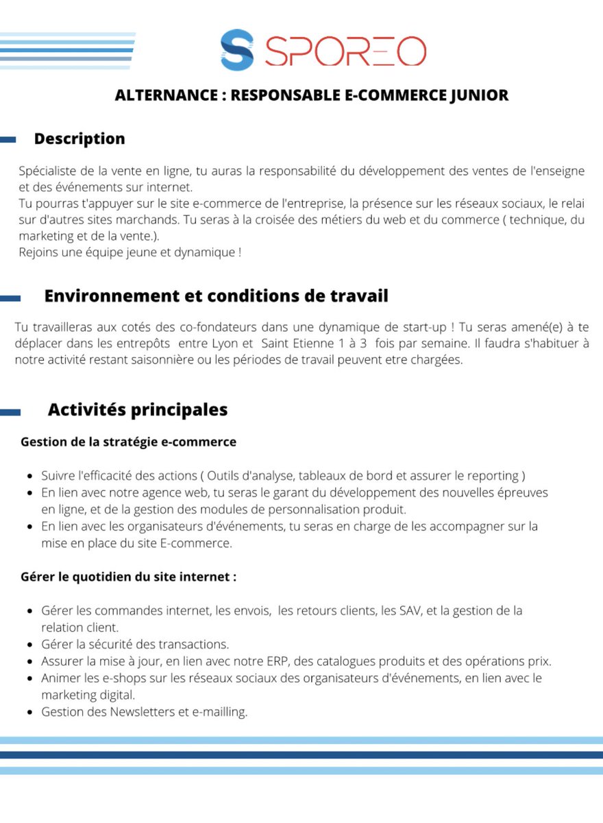 PeteAlternance's tweet photo. Alternance - Responsable e-commerce junior 
📍: Lyon (69) et Saint-Etienne (42)
📩 : thibault.houot@sporeo.fr
#PeteTonAlternance ✨ https://t.co/lS3LgkYLhM