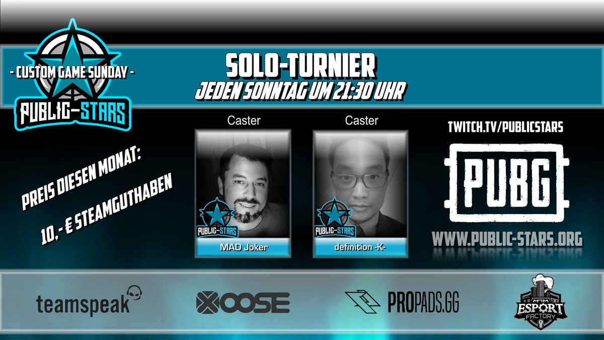 Neuer Monat, neues Glück!

Am Sonntag von 20:00 Uhr bis 22:00 Uhr ist es wieder soweit, mit unseren PUBG Custom-Games.

Gegen 21:30 Uhr das FPP Solo-Turnier auf Erangel.
Auch im März gibt es wieder einen 10,- € Steam-Gutschein zu gewinnen.

Schaut vorbei und zockt einfach mit.